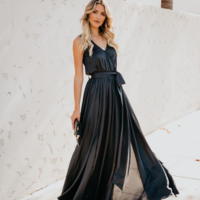 Black V Neck Long Party Dress - Thumbnail 1