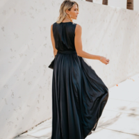 Black V Neck Long Party Dress - Thumbnail 3