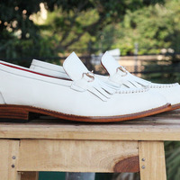 Men's Handmade White Leather formal shoes Slip On Loafers Fringe Shoes - Thumbnail 1