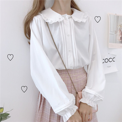 Embroidery lace collar long sleeve white black shirt blouse - Thumbnail 3