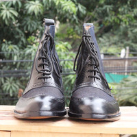 Ankle High  Brown Boot, Men's Handmade Leather Pebbled  lace up Boots For men's - Thumbnail 3