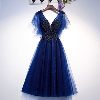 Blue v neck tulle short prom dress - Thumbnail 5