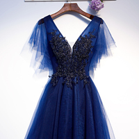 Blue v neck tulle short prom dress - Thumbnail 2