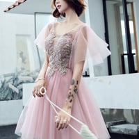 Pink v neck tulle short prom dress - Thumbnail 1