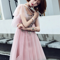 Pink v neck tulle short prom dress - Thumbnail 2
