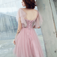 Pink v neck tulle short prom dress - Thumbnail 3