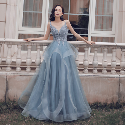 Blue v neck tulle lace long prom dress - Thumbnail 5