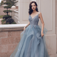 Blue v neck tulle lace long prom dress - Thumbnail 2
