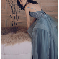 Blue v neck tulle lace long prom dress - Thumbnail 3