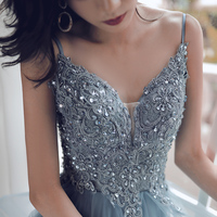 Blue v neck tulle lace long prom dress - Thumbnail 1