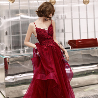 Burgundy lace tulle long A line prom dress - Thumbnail 1
