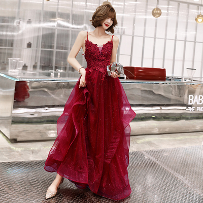 Burgundy lace tulle long a line prom dress - Thumbnail 5