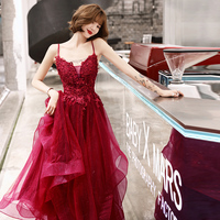 Burgundy lace tulle long A line prom dress - Thumbnail 2