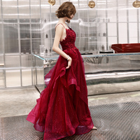 Burgundy lace tulle long A line prom dress - Thumbnail 3