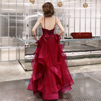 Burgundy lace tulle long A line prom dress - Thumbnail 4