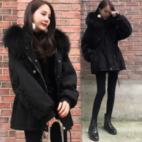 Hooded Women Winter Coat in Black and White - Thumbnail 1