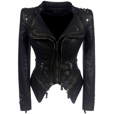 Gothic black casual pu leather jacket