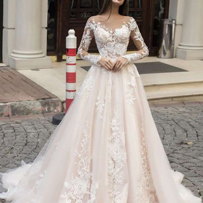 Elegant scoop neck champagne long sleeves wedding dresses, lace & appliques wedding dresses - Thumbnail 5