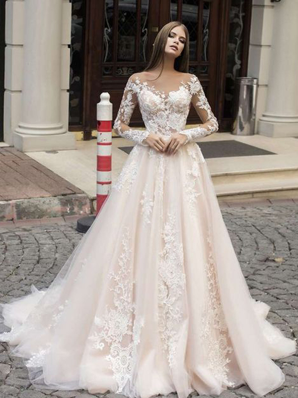 Elegant Scoop Neck Champagne Long Sleeves Wedding Dresses, Lace & Appliques Wedding Dresses
