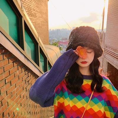 Rainbow Diamond Argyle Color Block Knit Sweater