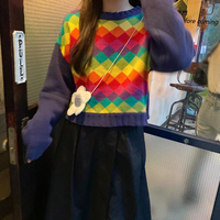 Rainbow Diamond Argyle Color Block Knit Sweater - Thumbnail 1