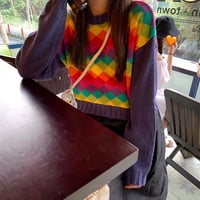Rainbow Diamond Argyle Color Block Knit Sweater - Thumbnail 2