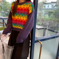 Rainbow Diamond Argyle Color Block Knit Sweater - Thumbnail 3