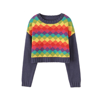 Rainbow Diamond Argyle Color Block Knit Sweater - Thumbnail 4