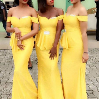 Off the shoulder yellow bridesmaid dresses with beaded - Thumbnail 4