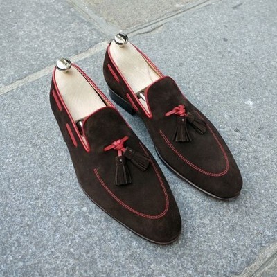 Men's handmade dark brown suede formal shoes, slip on tussles loafers shoes - Thumbnail 3