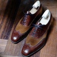 Men's Handmade Brown Leather Suede formal shoes, Men's Wing Tip Brogue Lace Up Shoes - Thumbnail 1