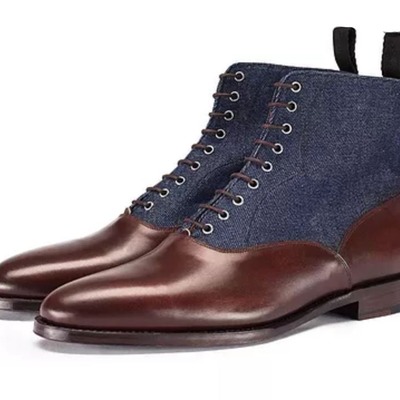 Ankle high brown blue boot, men's handmade leather denim lace up boots for men's - Thumbnail 3