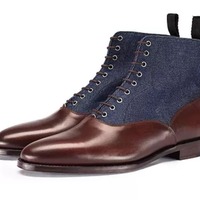 Ankle High Brown Blue Boot, Men's Handmade Leather Denim Lace Up Boots For men's - Thumbnail 1