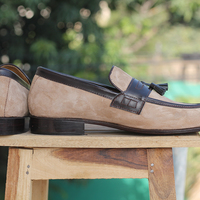 Men's Handmade Beige Suede formal shoes, Slip On Tussles Loafers Shoes - Thumbnail 2