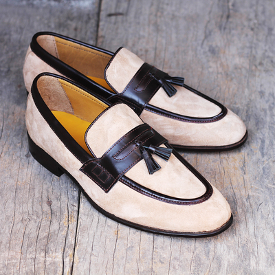 Men's handmade beige suede formal shoes, slip on tussles loafers shoes - Thumbnail 3