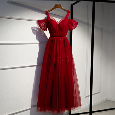 Burgundy tulle long prom dress, evening dress - Thumbnail 5