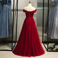 Burgundy tulle beads long prom dress, evening dress - Thumbnail 2
