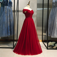Burgundy tulle beads long prom dress, evening dress - Thumbnail 3