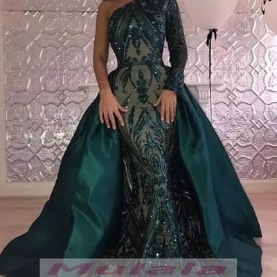 Dark green one shoulder evening dress 2021 long sleeve ,prom dresses detachable train party gowns,219