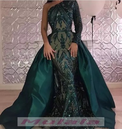 Dark Green One Shoulder Evening Dress 2021 Long Sleeve ,Prom Dresses Detachable Train Party Gowns,219