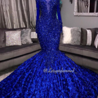 Royal Blue Lace Mermaid Prom Dresses Long Sleeve 3 D Floral Flowers Court Train Party Gowns For Black Girls,220 - Thumbnail 1