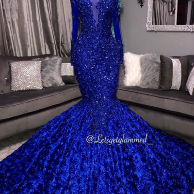 Royal blue lace mermaid prom dresses long sleeve 3 d floral flowers court train party gowns for black girls,220 - Thumbnail 5