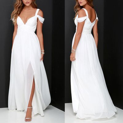 White chiffon summer beach boho wedding dresses cheap a line off the shoulder bridal gowns side split long wedding gowns,221