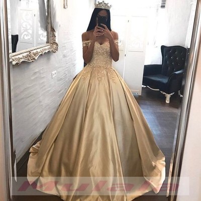 Champagne 3d-floral appliques quinceanera dresses 2019 off the shoulder corset ball gown sweet 16 dresses plus size arabic african long prom dress,223 - Thumbnail 5