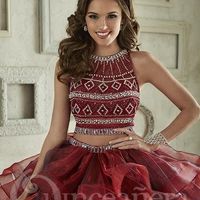 Burgundy Two Piece Ball Gown Quinceanera Dresses Crystal Beaded Puffy Open Back Sweet 16 Dress,224 - Thumbnail 1