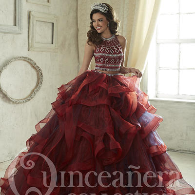 Burgundy two piece ball gown quinceanera dresses crystal beaded puffy open back sweet 16 dress,224