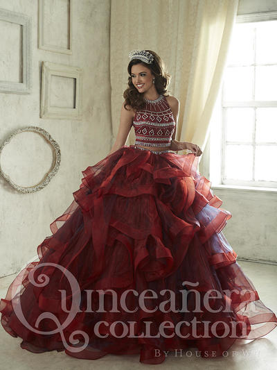 Burgundy Two Piece Ball Gown Quinceanera Dresses Crystal Beaded Puffy Open Back Sweet 16 Dress,224