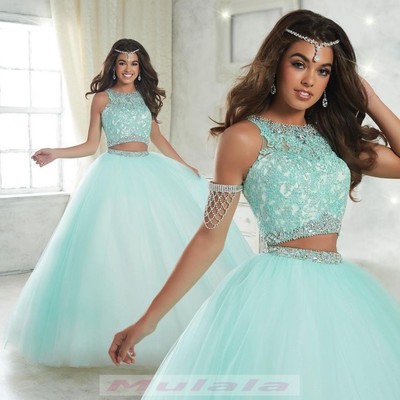 Sky blue tulle two piece quinceanera dresses 2019 crystal bead lace appliques long sweet 16 dress ball gown party gowns,225