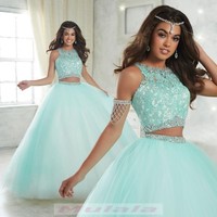 Sky Blue Tulle Two Piece Quinceanera Dresses 2019 Crystal Bead Lace Appliques Long Sweet 16 Dress Ball Gown Party Gowns,225 - Thumbnail 1
