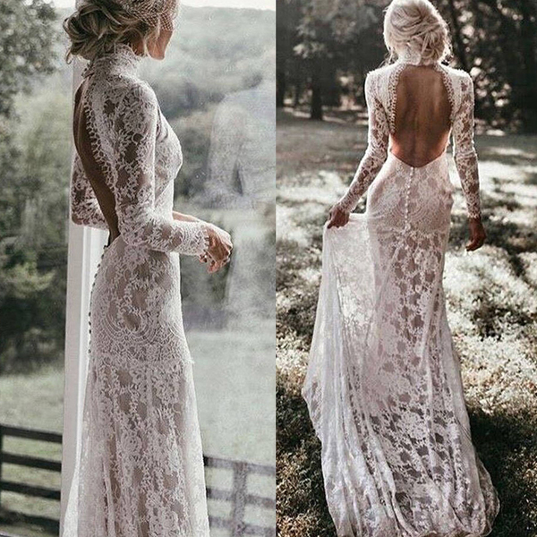 Vintage Lace High Neck Mermaid Wedding Dress Long Sleeves Sexy Open Back Bridal Gowns Court Train Boho Wedding Party Dress,226